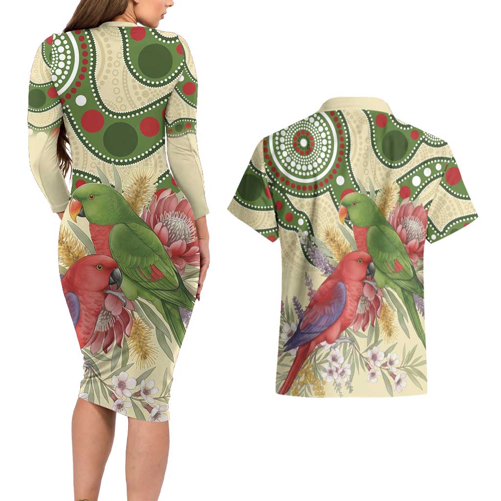 Australia Moluccan Eclectus Couples Matching Long Sleeve Bodycon Dress and Hawaiian Shirt Australian Native Flowers Indigenous Art - Aussie Hoodie
