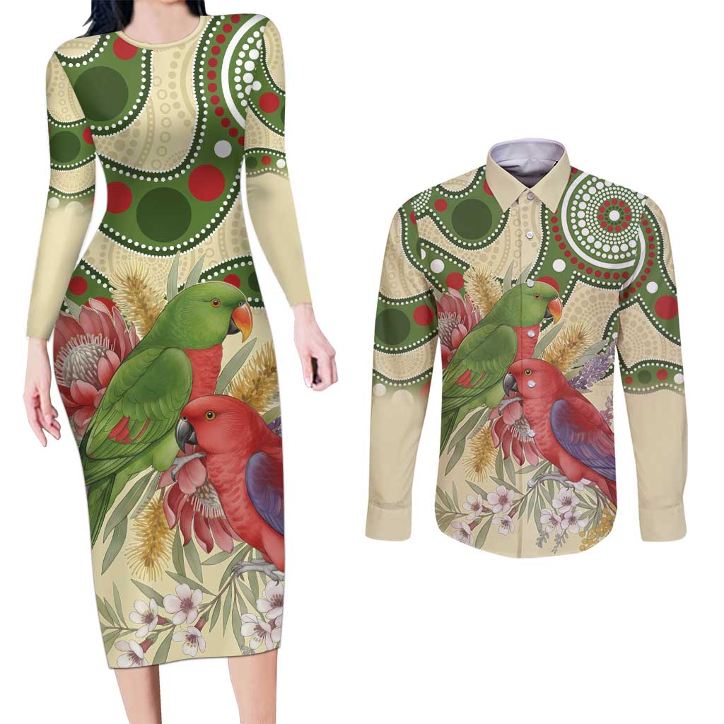 Australia Moluccan Eclectus Couples Matching Long Sleeve Bodycon Dress and Long Sleeve Button Shirt Australian Native Flowers Indigenous Art - Aussie Hoodie