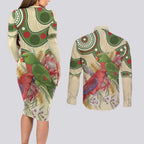 Australia Moluccan Eclectus Couples Matching Long Sleeve Bodycon Dress and Long Sleeve Button Shirt Australian Native Flowers Indigenous Art - Aussie Hoodie