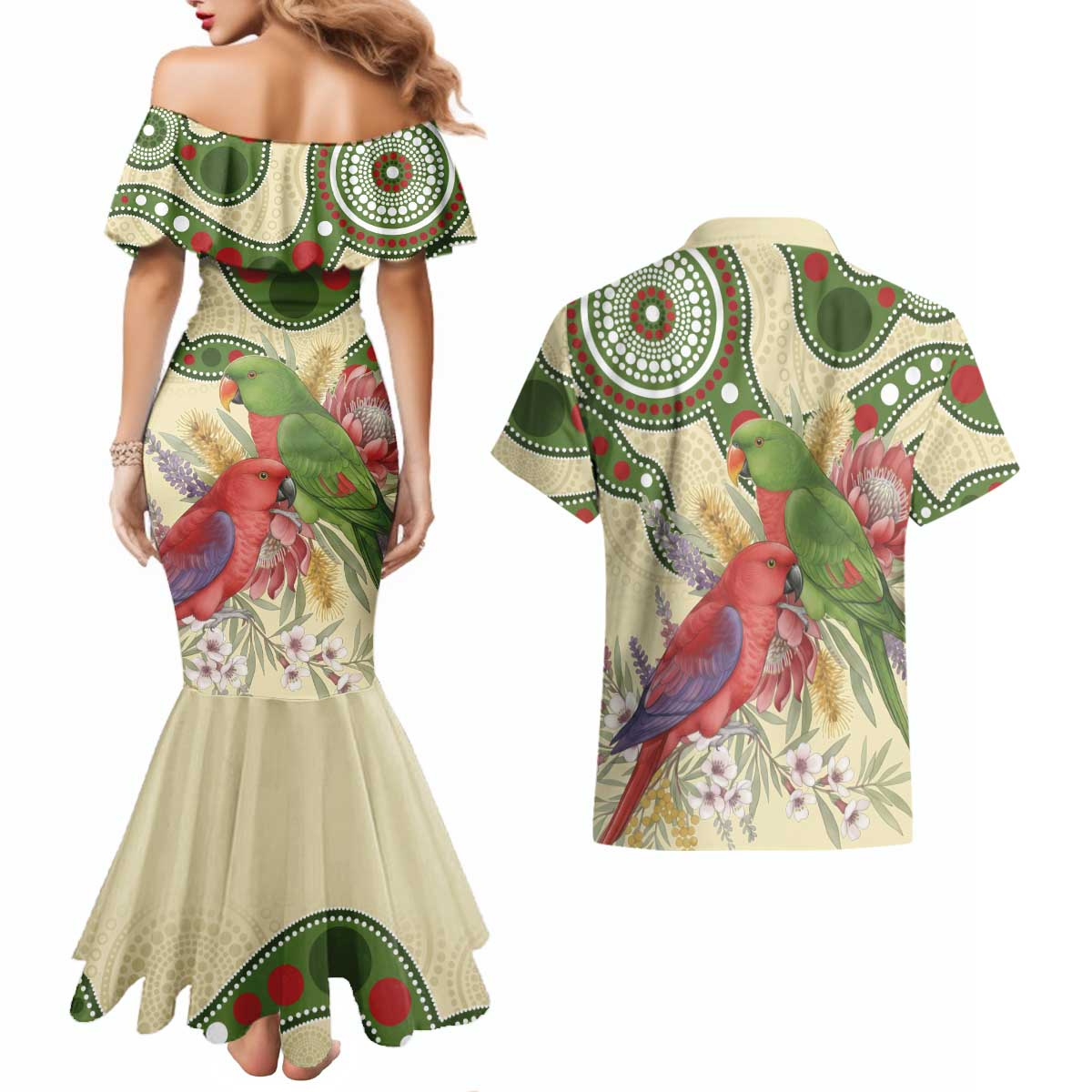 Australia Moluccan Eclectus Couples Matching Mermaid Dress and Hawaiian Shirt Australian Native Flowers Indigenous Art - Aussie Hoodie