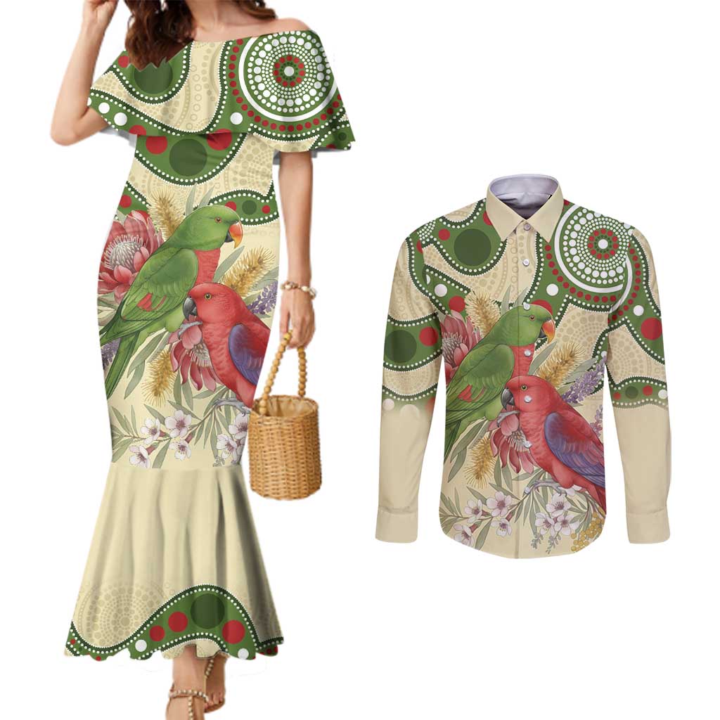 Australia Moluccan Eclectus Couples Matching Mermaid Dress and Long Sleeve Button Shirt Australian Native Flowers Indigenous Art - Aussie Hoodie