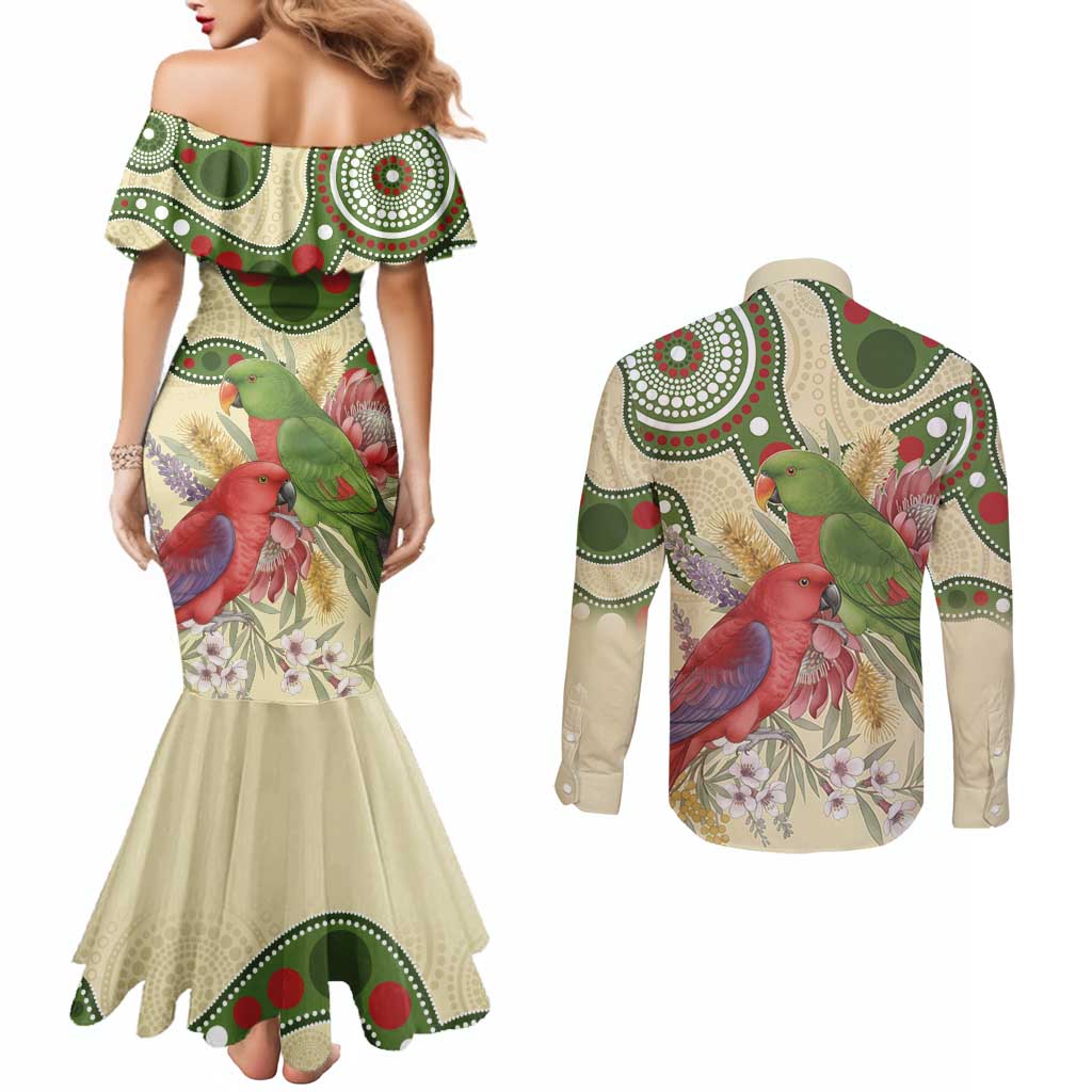 Australia Moluccan Eclectus Couples Matching Mermaid Dress and Long Sleeve Button Shirt Australian Native Flowers Indigenous Art - Aussie Hoodie