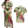 Australia Moluccan Eclectus Couples Matching Off Shoulder Maxi Dress and Hawaiian Shirt Australian Native Flowers Indigenous Art - Aussie Hoodie