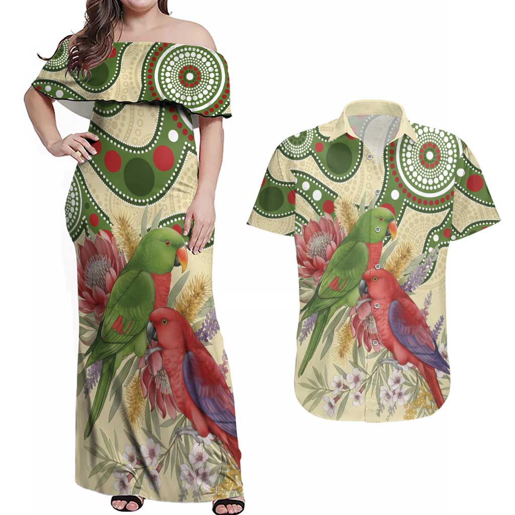 Australia Moluccan Eclectus Couples Matching Off Shoulder Maxi Dress and Hawaiian Shirt Australian Native Flowers Indigenous Art - Aussie Hoodie