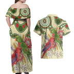 Australia Moluccan Eclectus Couples Matching Off Shoulder Maxi Dress and Hawaiian Shirt Australian Native Flowers Indigenous Art - Aussie Hoodie
