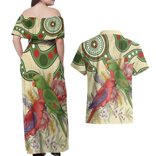 Australia Moluccan Eclectus Couples Matching Off Shoulder Maxi Dress and Hawaiian Shirt Australian Native Flowers Indigenous Art - Aussie Hoodie