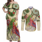 Australia Moluccan Eclectus Couples Matching Off Shoulder Maxi Dress and Long Sleeve Button Shirt Australian Native Flowers Indigenous Art - Aussie Hoodie