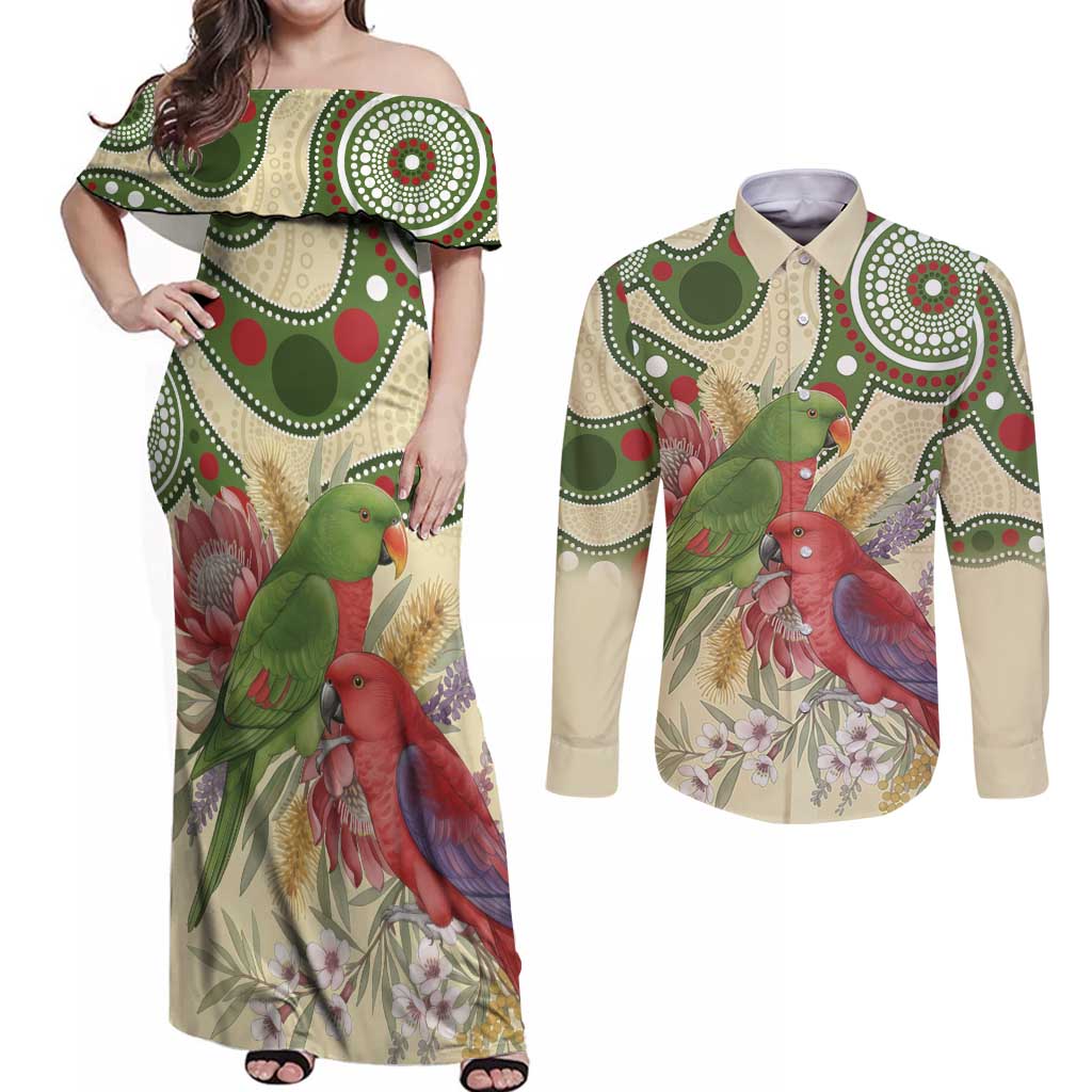Australia Moluccan Eclectus Couples Matching Off Shoulder Maxi Dress and Long Sleeve Button Shirt Australian Native Flowers Indigenous Art - Aussie Hoodie