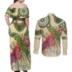 Australia Moluccan Eclectus Couples Matching Off Shoulder Maxi Dress and Long Sleeve Button Shirt Australian Native Flowers Indigenous Art - Aussie Hoodie