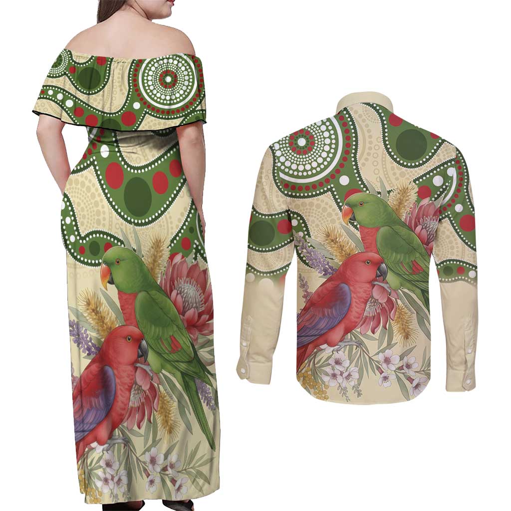 Australia Moluccan Eclectus Couples Matching Off Shoulder Maxi Dress and Long Sleeve Button Shirt Australian Native Flowers Indigenous Art - Aussie Hoodie