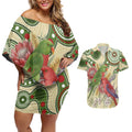 Australia Moluccan Eclectus Couples Matching Off Shoulder Short Dress and Hawaiian Shirt Australian Native Flowers Indigenous Art - Aussie Hoodie