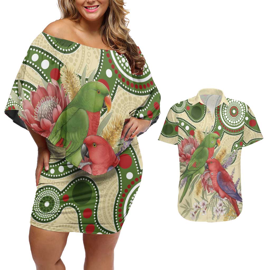 Australia Moluccan Eclectus Couples Matching Off Shoulder Short Dress and Hawaiian Shirt Australian Native Flowers Indigenous Art - Aussie Hoodie