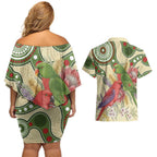 Australia Moluccan Eclectus Couples Matching Off Shoulder Short Dress and Hawaiian Shirt Australian Native Flowers Indigenous Art - Aussie Hoodie