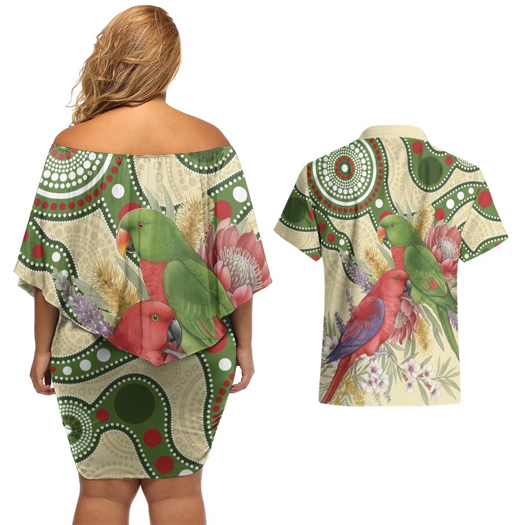 Australia Moluccan Eclectus Couples Matching Off Shoulder Short Dress and Hawaiian Shirt Australian Native Flowers Indigenous Art - Aussie Hoodie