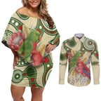 Australia Moluccan Eclectus Couples Matching Off Shoulder Short Dress and Long Sleeve Button Shirt Australian Native Flowers Indigenous Art - Aussie Hoodie
