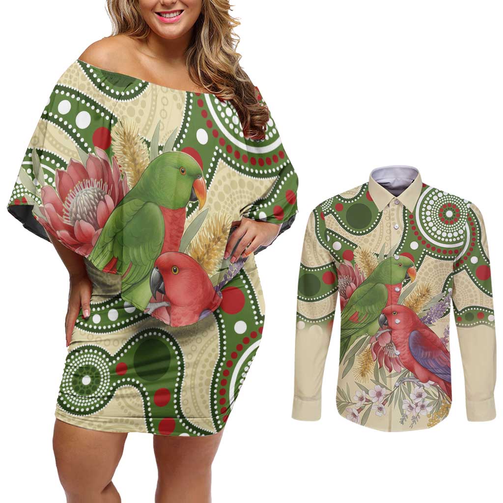 Australia Moluccan Eclectus Couples Matching Off Shoulder Short Dress and Long Sleeve Button Shirt Australian Native Flowers Indigenous Art - Aussie Hoodie