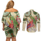 Australia Moluccan Eclectus Couples Matching Off Shoulder Short Dress and Long Sleeve Button Shirt Australian Native Flowers Indigenous Art - Aussie Hoodie