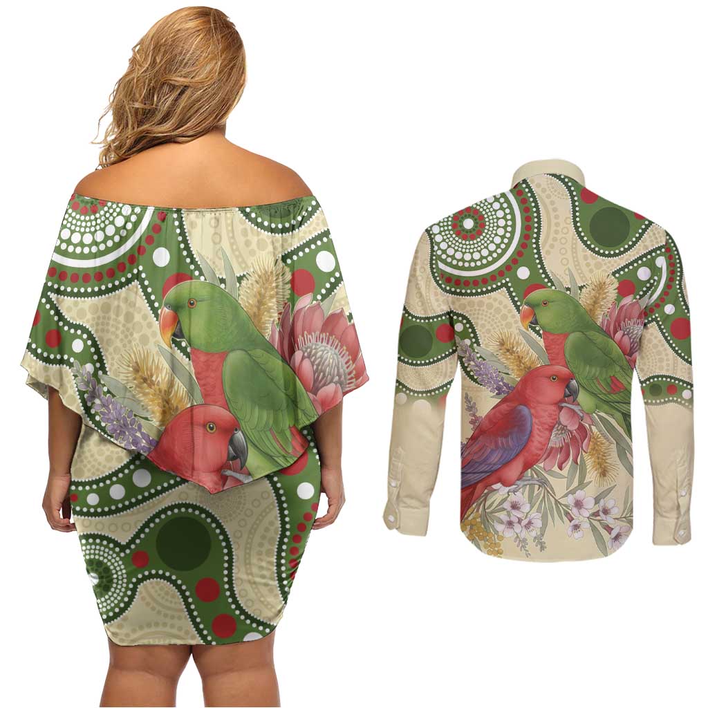 Australia Moluccan Eclectus Couples Matching Off Shoulder Short Dress and Long Sleeve Button Shirt Australian Native Flowers Indigenous Art - Aussie Hoodie