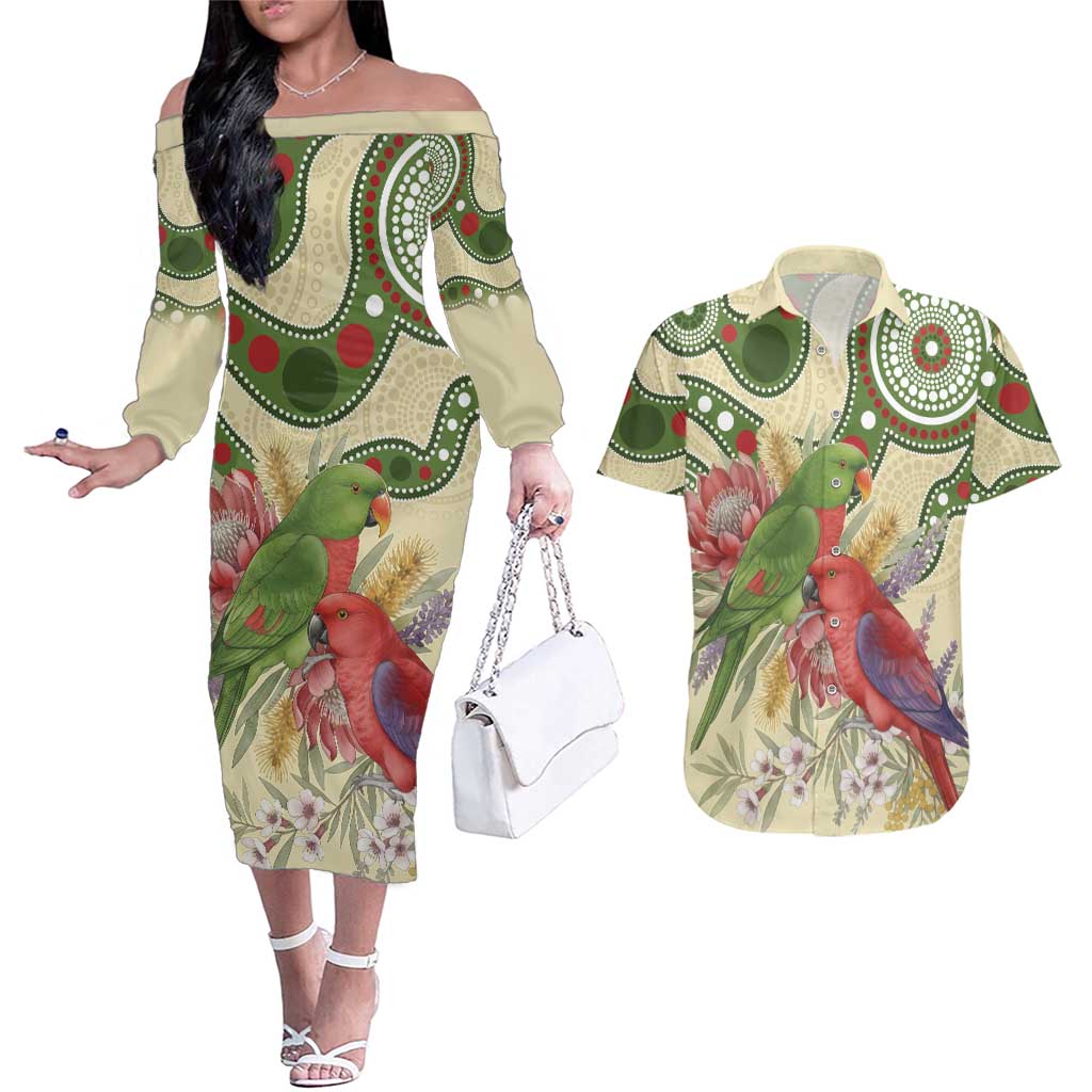 Australia Moluccan Eclectus Couples Matching Off The Shoulder Long Sleeve Dress and Hawaiian Shirt Australian Native Flowers Indigenous Art - Aussie Hoodie
