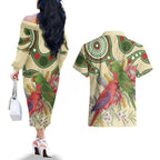 Australia Moluccan Eclectus Couples Matching Off The Shoulder Long Sleeve Dress and Hawaiian Shirt Australian Native Flowers Indigenous Art - Aussie Hoodie