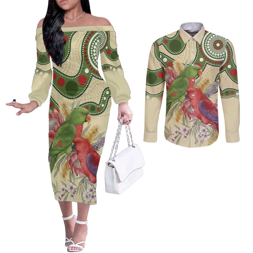 Australia Moluccan Eclectus Couples Matching Off The Shoulder Long Sleeve Dress and Long Sleeve Button Shirt Australian Native Flowers Indigenous Art - Aussie Hoodie