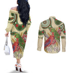 Australia Moluccan Eclectus Couples Matching Off The Shoulder Long Sleeve Dress and Long Sleeve Button Shirt Australian Native Flowers Indigenous Art - Aussie Hoodie