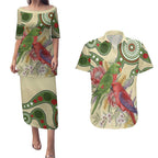 Australia Moluccan Eclectus Couples Matching Puletasi and Hawaiian Shirt Australian Native Flowers Indigenous Art - Aussie Hoodie