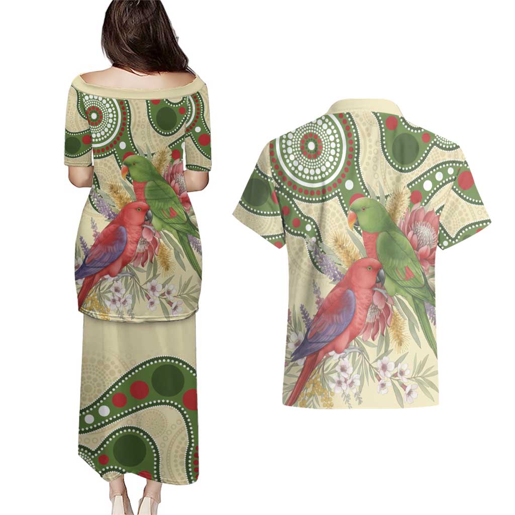 Australia Moluccan Eclectus Couples Matching Puletasi and Hawaiian Shirt Australian Native Flowers Indigenous Art - Aussie Hoodie