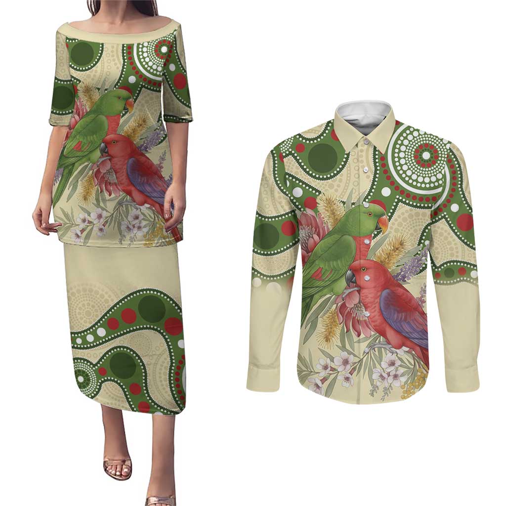 Australia Moluccan Eclectus Couples Matching Puletasi and Long Sleeve Button Shirt Australian Native Flowers Indigenous Art - Aussie Hoodie