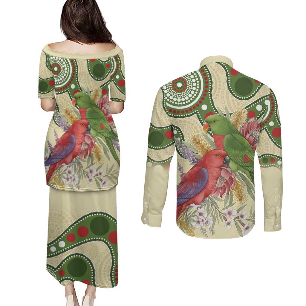 Australia Moluccan Eclectus Couples Matching Puletasi and Long Sleeve Button Shirt Australian Native Flowers Indigenous Art - Aussie Hoodie