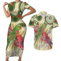 Australia Moluccan Eclectus Couples Matching Short Sleeve Bodycon Dress and Hawaiian Shirt Australian Native Flowers Indigenous Art - Aussie Hoodie