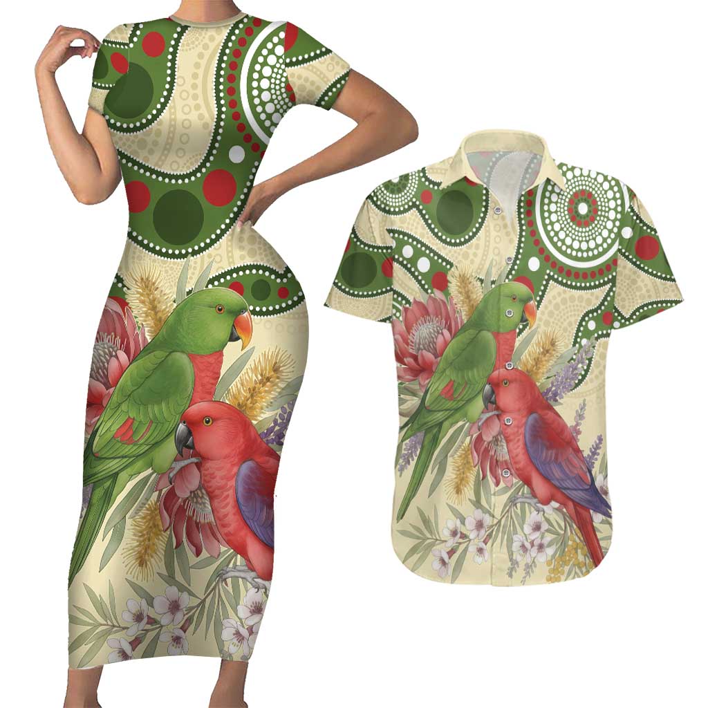 Australia Moluccan Eclectus Couples Matching Short Sleeve Bodycon Dress and Hawaiian Shirt Australian Native Flowers Indigenous Art - Aussie Hoodie