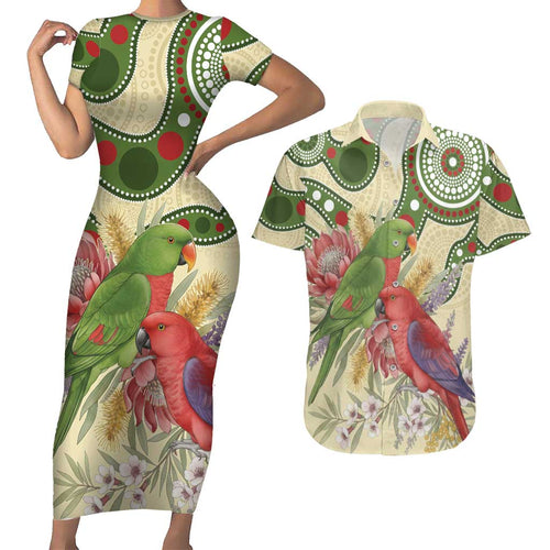 Australia Moluccan Eclectus Couples Matching Short Sleeve Bodycon Dress and Hawaiian Shirt Australian Native Flowers Indigenous Art - Aussie Hoodie