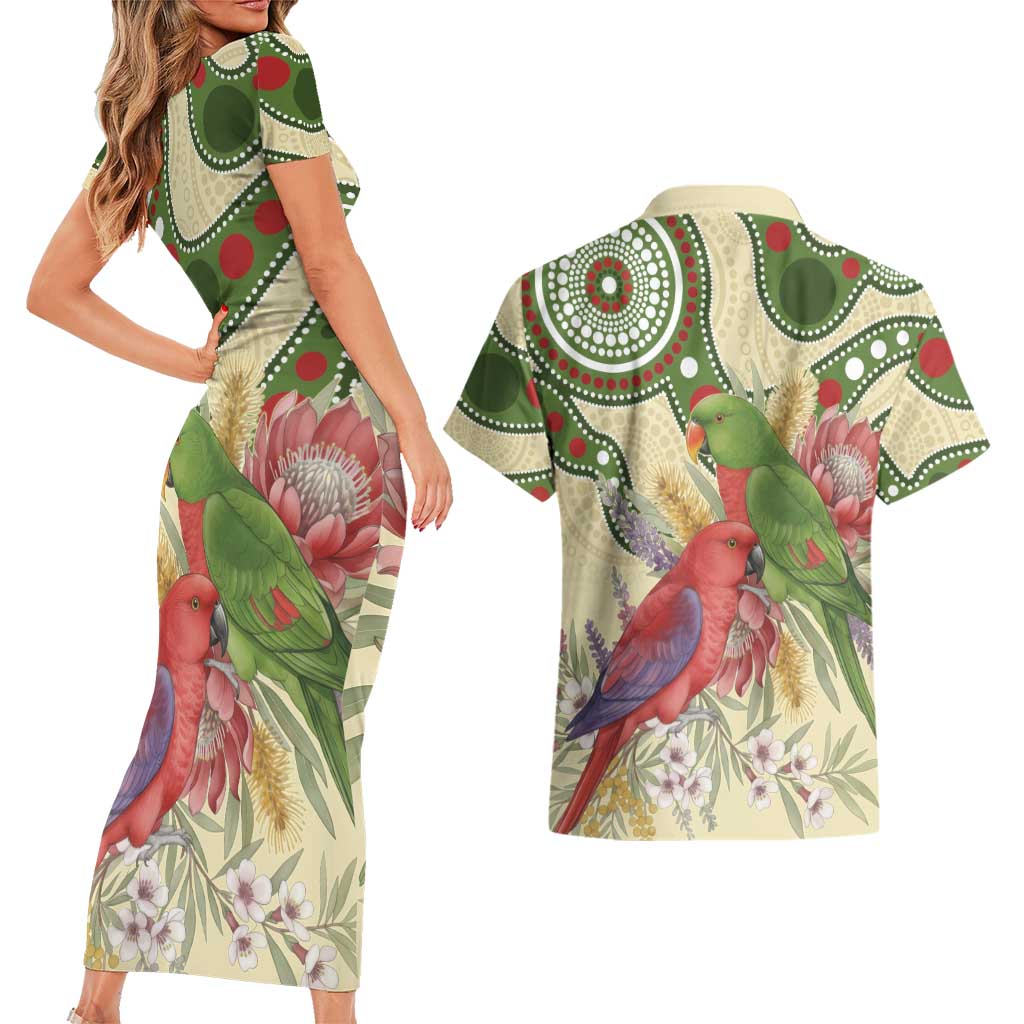 Australia Moluccan Eclectus Couples Matching Short Sleeve Bodycon Dress and Hawaiian Shirt Australian Native Flowers Indigenous Art - Aussie Hoodie