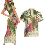 Australia Moluccan Eclectus Couples Matching Short Sleeve Bodycon Dress and Hawaiian Shirt Australian Native Flowers Indigenous Art - Aussie Hoodie