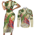 Australia Moluccan Eclectus Couples Matching Short Sleeve Bodycon Dress and Long Sleeve Button Shirt Australian Native Flowers Indigenous Art - Aussie Hoodie