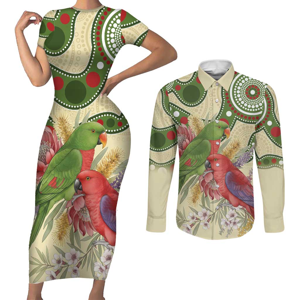 Australia Moluccan Eclectus Couples Matching Short Sleeve Bodycon Dress and Long Sleeve Button Shirt Australian Native Flowers Indigenous Art - Aussie Hoodie