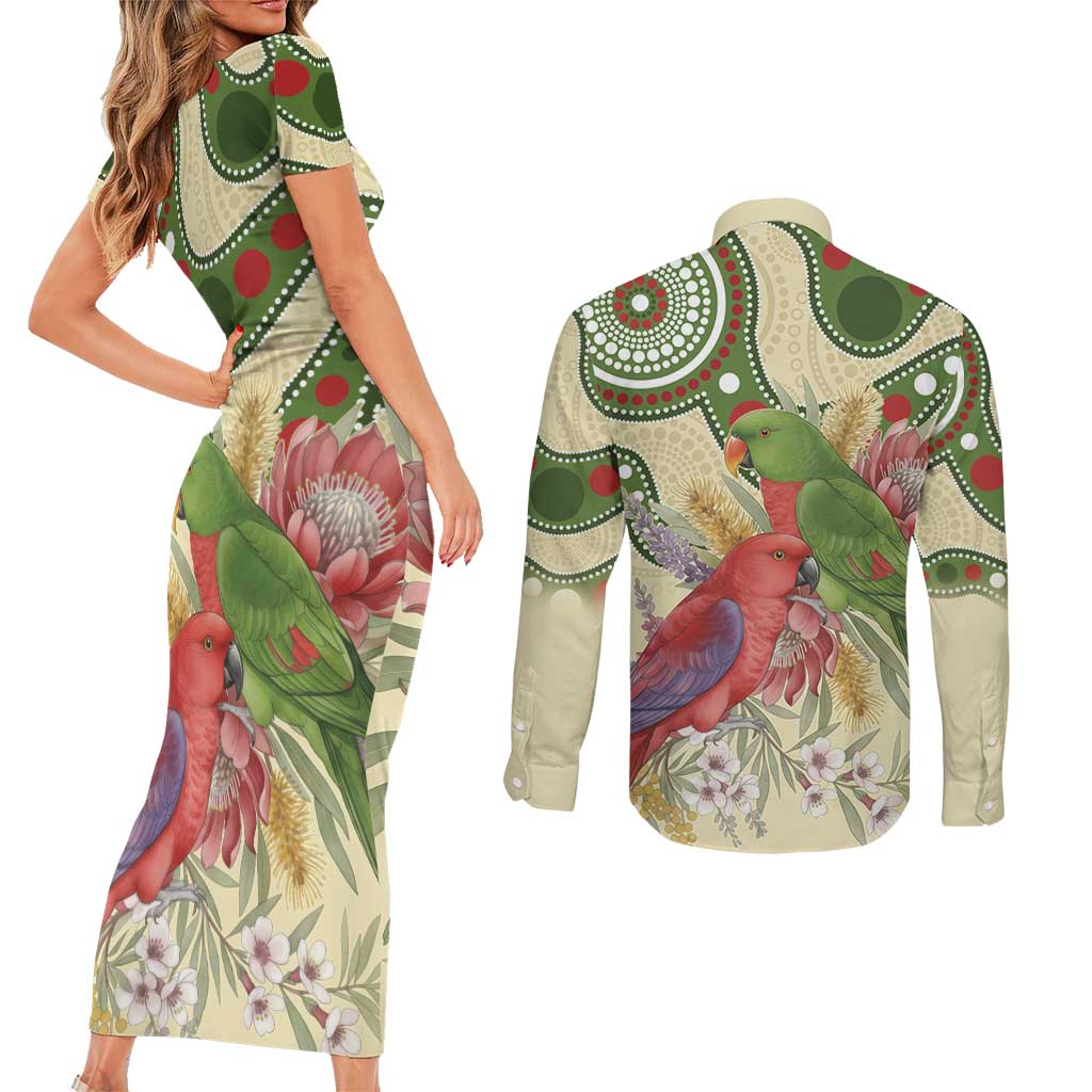 Australia Moluccan Eclectus Couples Matching Short Sleeve Bodycon Dress and Long Sleeve Button Shirt Australian Native Flowers Indigenous Art - Aussie Hoodie