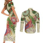Australia Moluccan Eclectus Couples Matching Short Sleeve Bodycon Dress and Long Sleeve Button Shirt Australian Native Flowers Indigenous Art - Aussie Hoodie