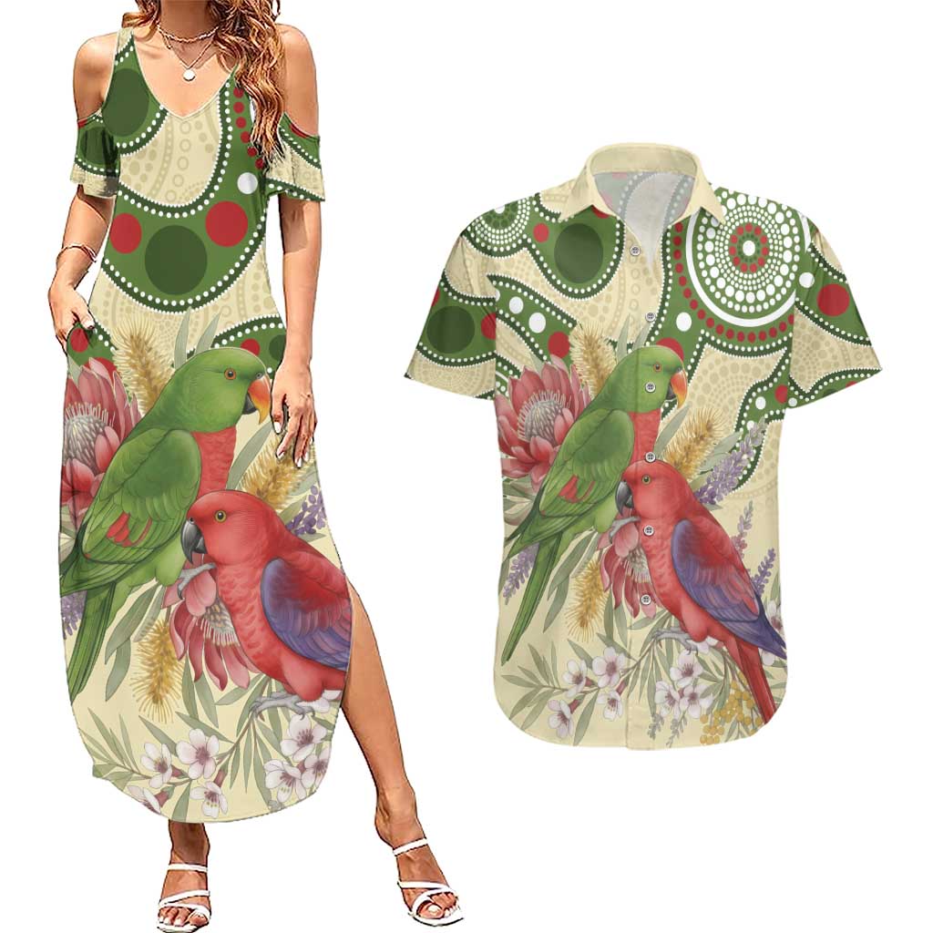 Australia Moluccan Eclectus Couples Matching Summer Maxi Dress and Hawaiian Shirt Australian Native Flowers Indigenous Art - Aussie Hoodie