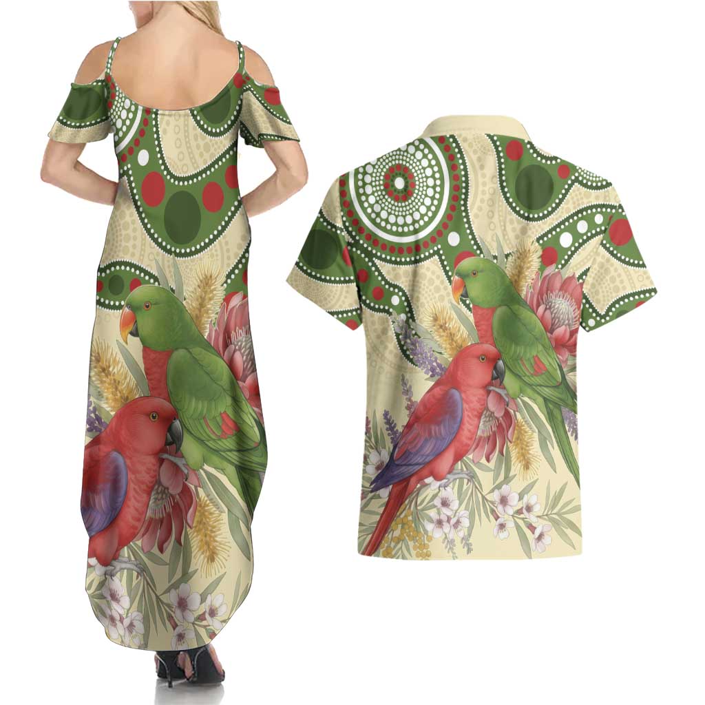 Australia Moluccan Eclectus Couples Matching Summer Maxi Dress and Hawaiian Shirt Australian Native Flowers Indigenous Art - Aussie Hoodie