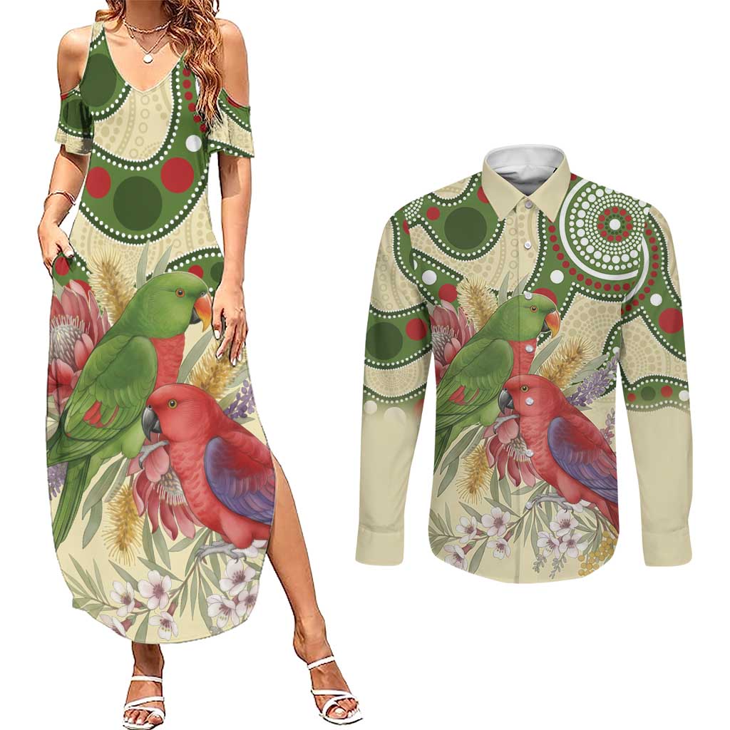 Australia Moluccan Eclectus Couples Matching Summer Maxi Dress and Long Sleeve Button Shirt Australian Native Flowers Indigenous Art - Aussie Hoodie