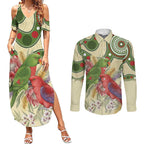 Australia Moluccan Eclectus Couples Matching Summer Maxi Dress and Long Sleeve Button Shirt Australian Native Flowers Indigenous Art - Aussie Hoodie