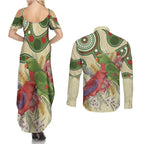 Australia Moluccan Eclectus Couples Matching Summer Maxi Dress and Long Sleeve Button Shirt Australian Native Flowers Indigenous Art - Aussie Hoodie
