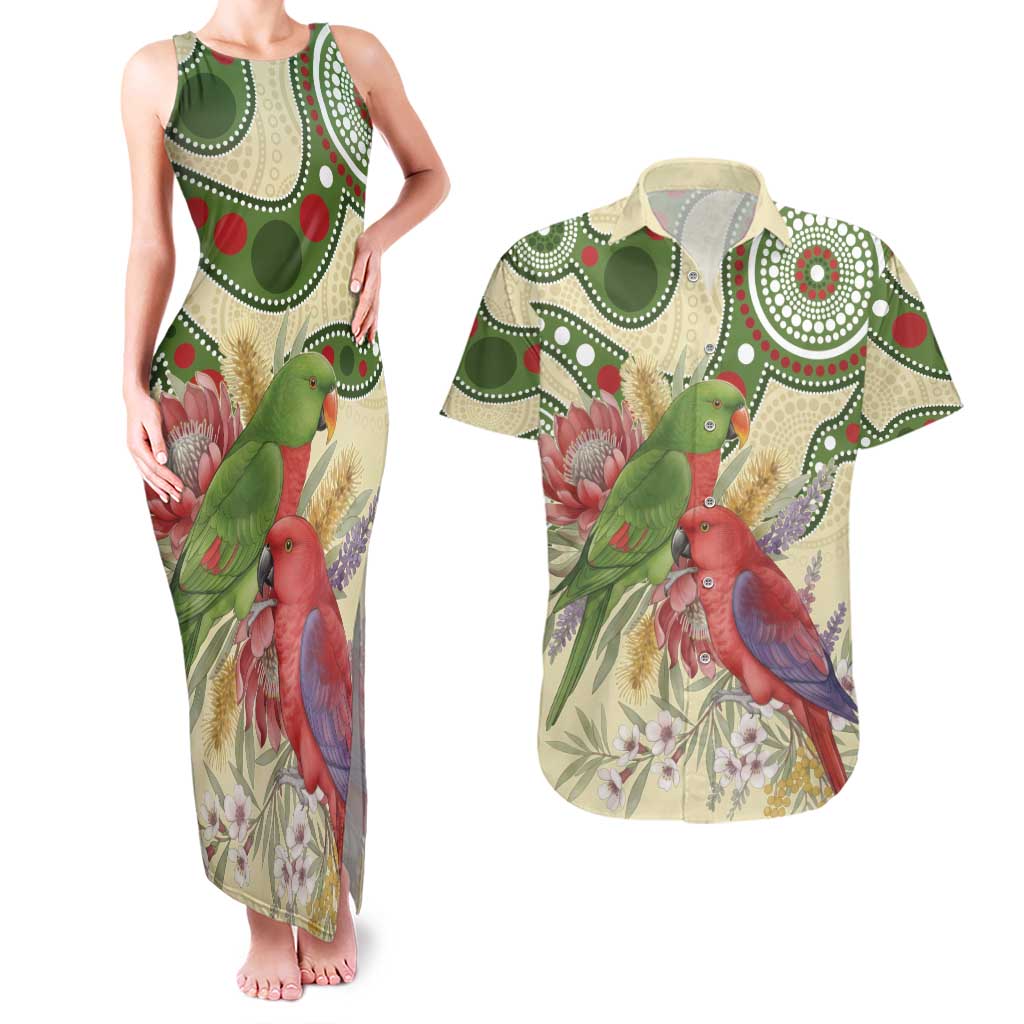 Australia Moluccan Eclectus Couples Matching Tank Maxi Dress and Hawaiian Shirt Australian Native Flowers Indigenous Art - Aussie Hoodie
