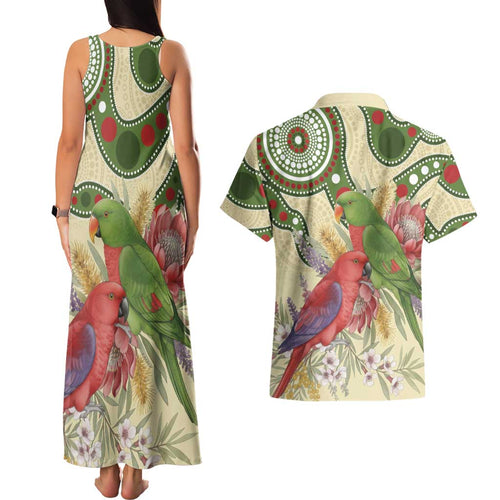 Australia Moluccan Eclectus Couples Matching Tank Maxi Dress and Hawaiian Shirt Australian Native Flowers Indigenous Art - Aussie Hoodie
