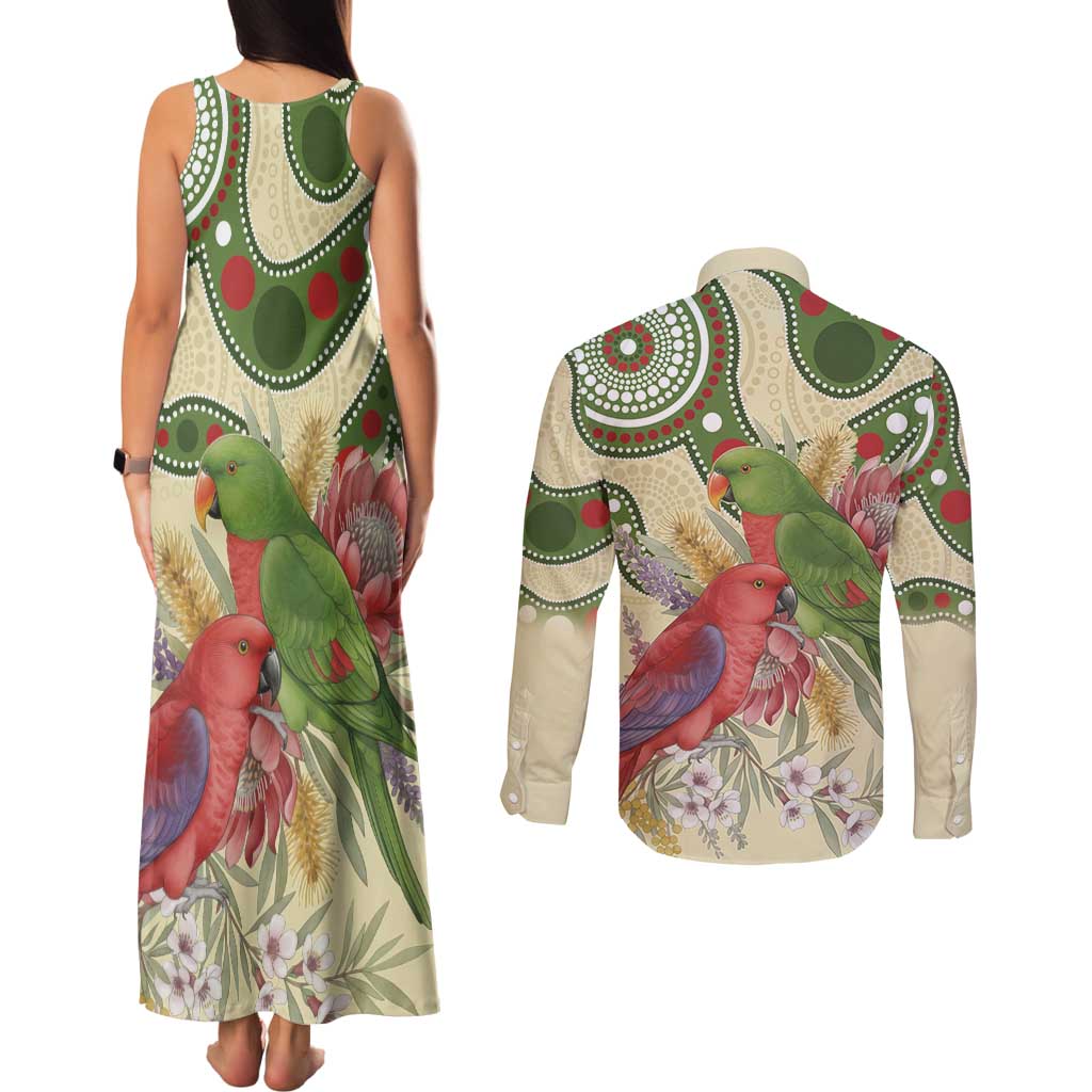Australia Moluccan Eclectus Couples Matching Tank Maxi Dress and Long Sleeve Button Shirt Australian Native Flowers Indigenous Art - Aussie Hoodie