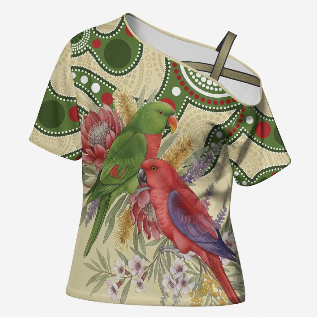 Australia Moluccan Eclectus Cross Shoulder Shirt Australian Native Flowers Indigenous Art - Aussie Hoodie