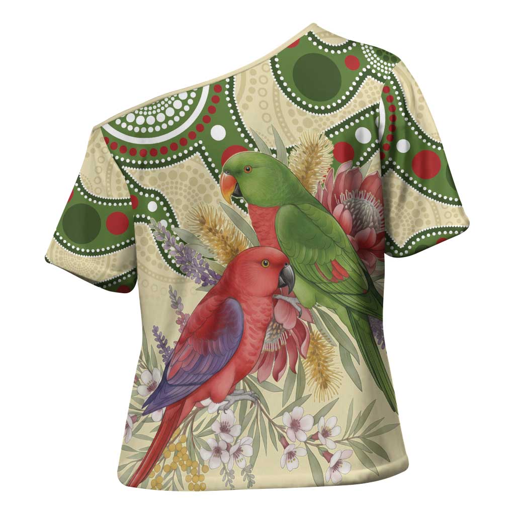 Australia Moluccan Eclectus Cross Shoulder Shirt Australian Native Flowers Indigenous Art - Aussie Hoodie
