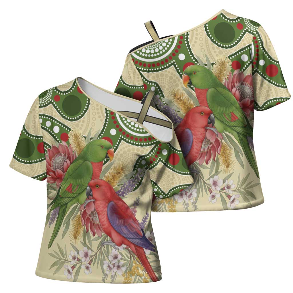 Australia Moluccan Eclectus Cross Shoulder Shirt Australian Native Flowers Indigenous Art - Aussie Hoodie